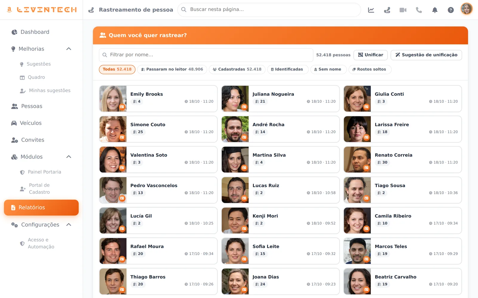 Tela real da plataforma: Rastreamento de pessoa